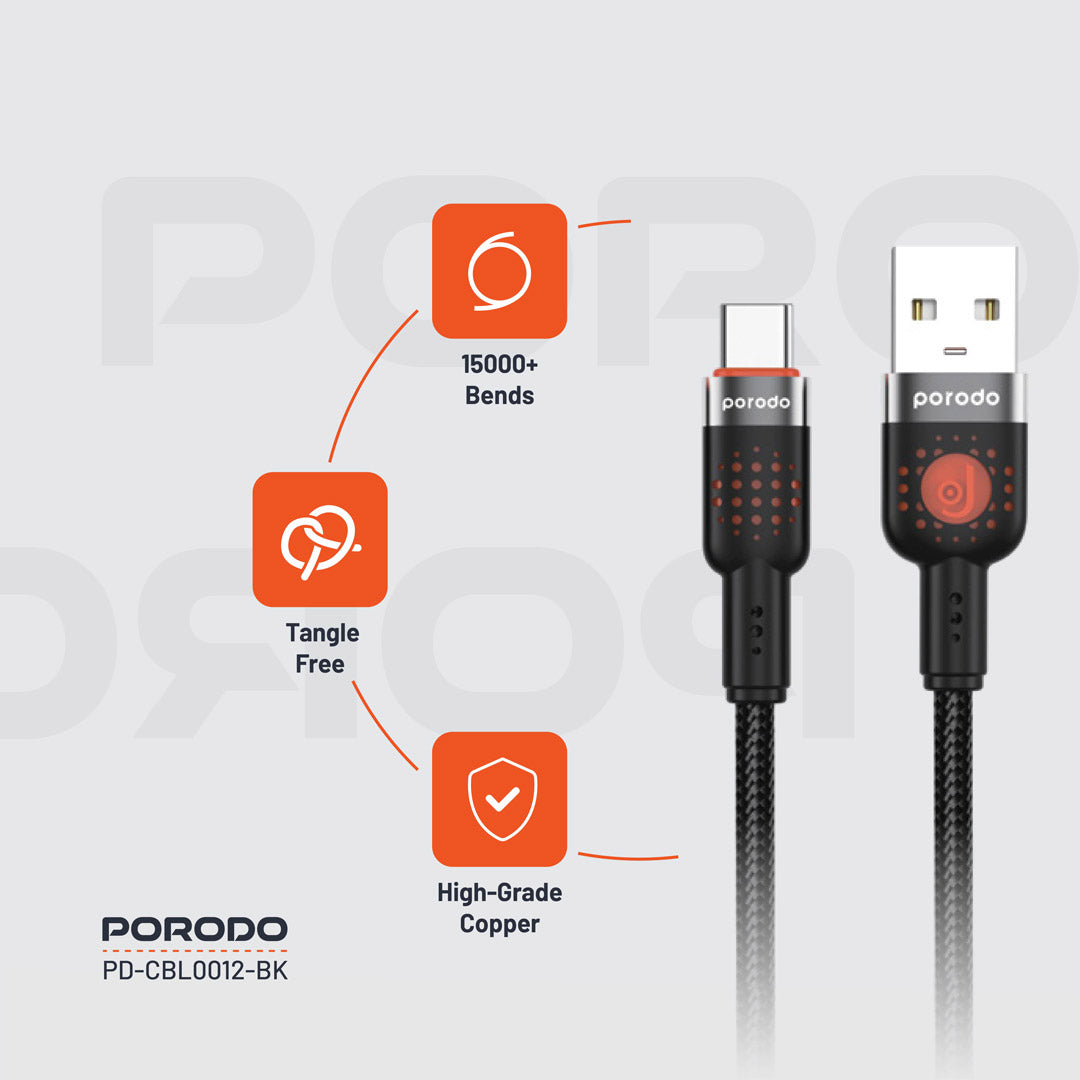 كيبل بورودو يو اس بي اي الى يو اس بي سي مضفر بطول 1.2 متر, شحن سريع | Porodo Aluminum Alloy Braided USB-A to Type-C Cable 1.2M – Fast Charging.