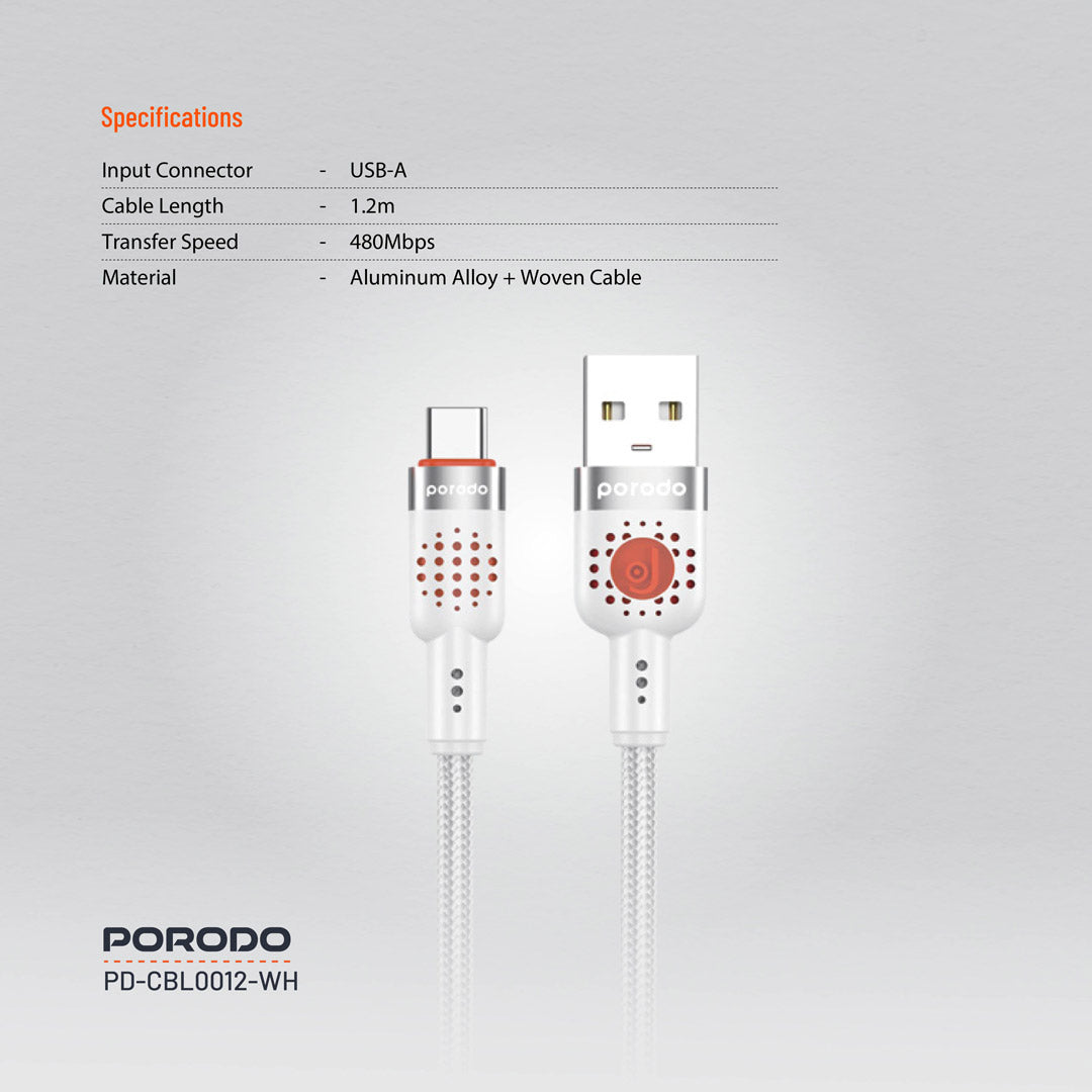 كيبل بورودو يو اس بي اي الى يو اس بي سي مضفر بطول 1.2 متر, شحن سريع | Porodo Aluminum Alloy Braided USB-A to Type-C Cable 1.2M – Fast Charging.