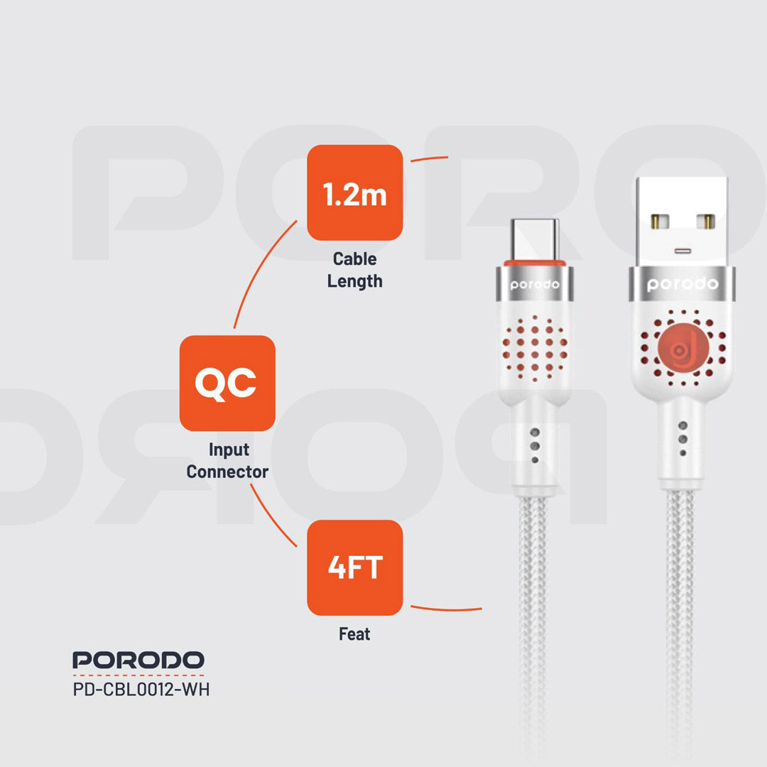 كيبل بورودو يو اس بي اي الى يو اس بي سي مضفر بطول 1.2 متر, شحن سريع | Porodo Aluminum Alloy Braided USB-A to Type-C Cable 1.2M – Fast Charging.
