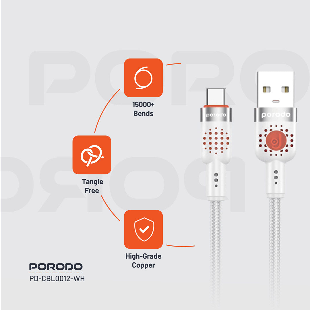 كيبل بورودو يو اس بي اي الى يو اس بي سي مضفر بطول 1.2 متر, شحن سريع | Porodo Aluminum Alloy Braided USB-A to Type-C Cable 1.2M – Fast Charging.