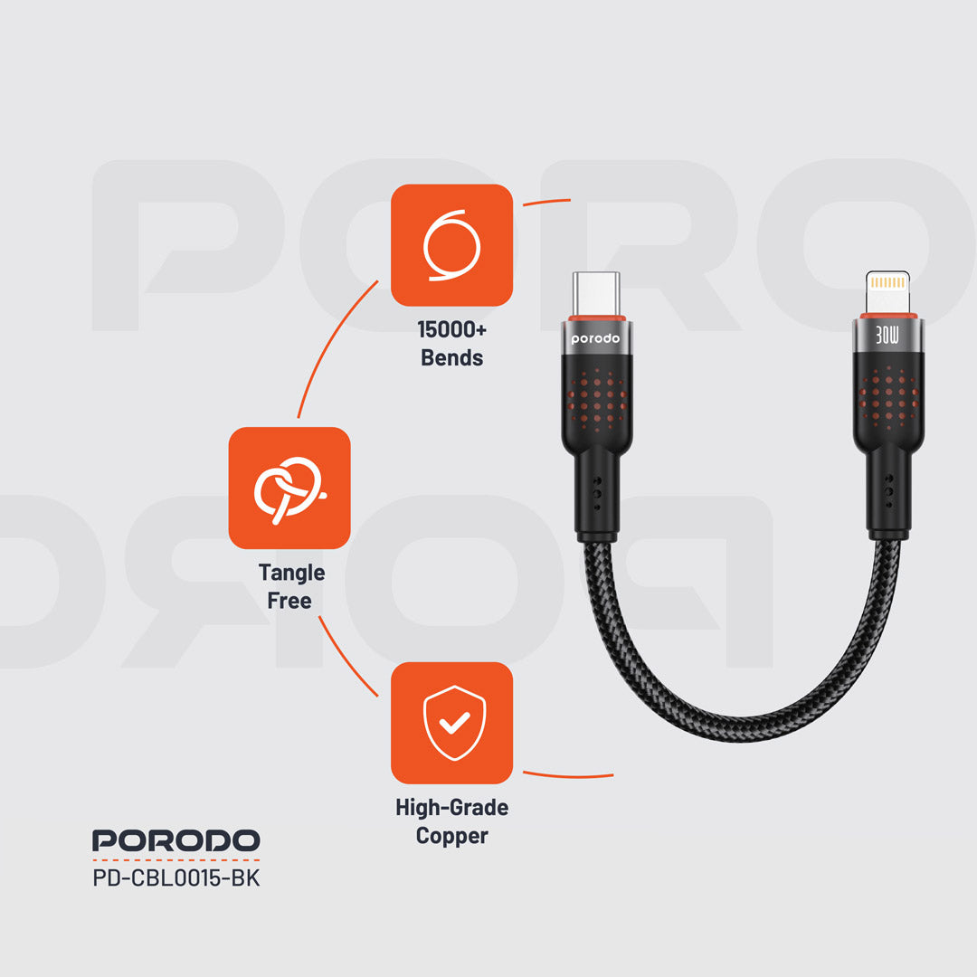 كيبل بورودو مضفر يو اس بي سي الى لايتننغ بطول 25 سم, شحن سريع 30 واط | Porodo Alum. Alloy Braided Cable Type-C to Lightning 30W 25cm.