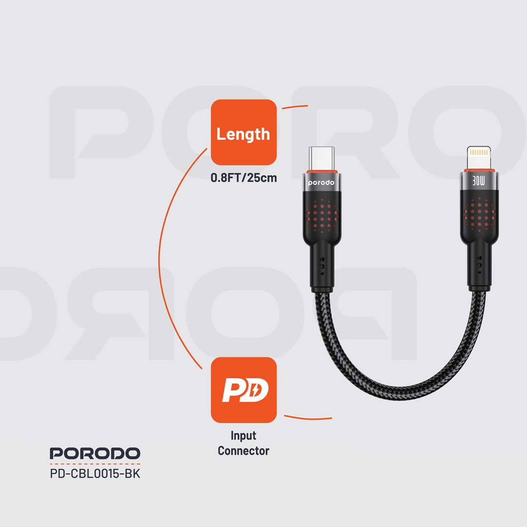 كيبل بورودو مضفر يو اس بي سي الى لايتننغ بطول 25 سم, شحن سريع 30 واط | Porodo Alum. Alloy Braided Cable Type-C to Lightning 30W 25cm.