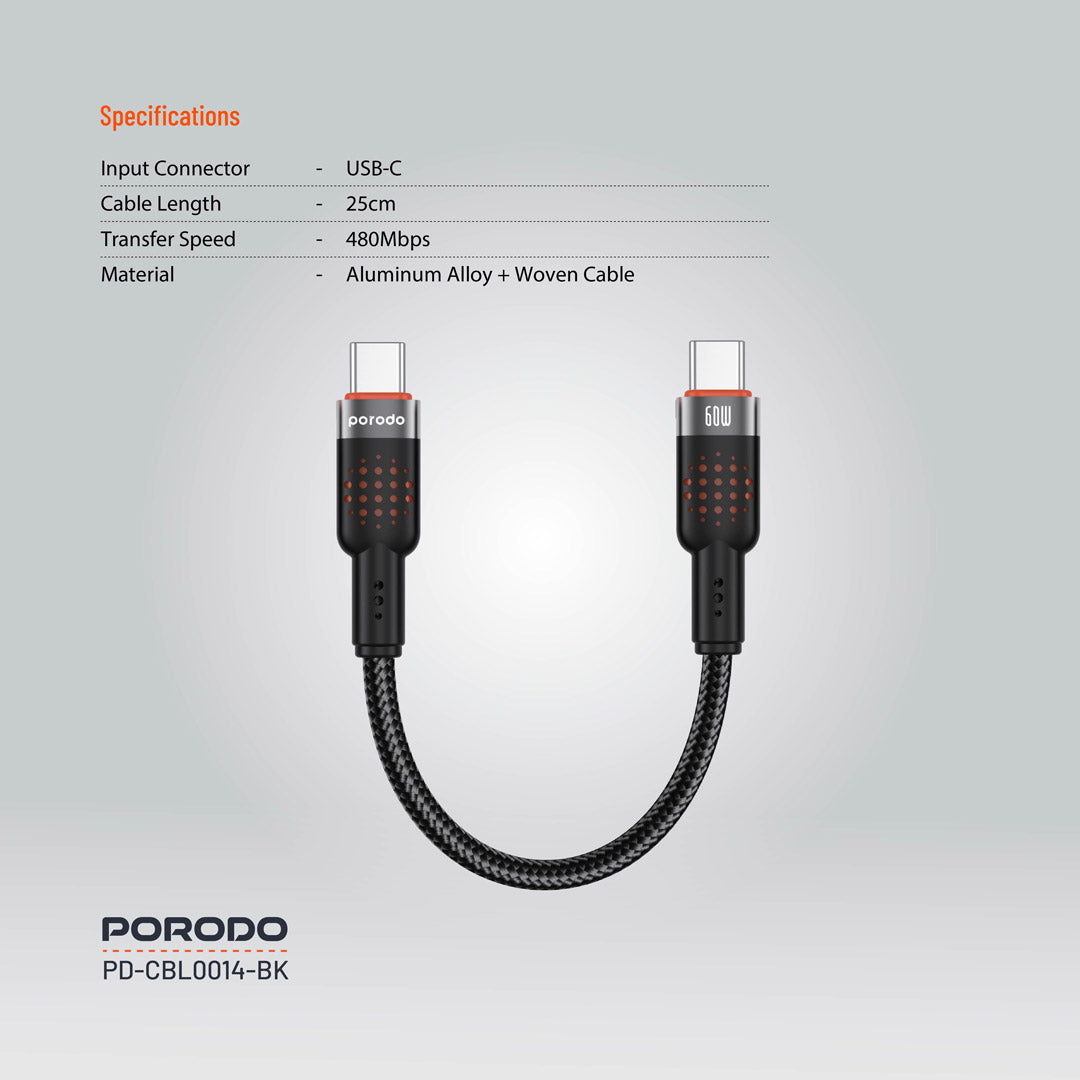 كيبل بورودو مضفر يو اس بي سي الى يو اس بي سي بطول 25 سم, شحن سريع 60 واط | Porodo Alum. Alloy Braided Cable Type-C to C 60W 25cm – Fast Charging.