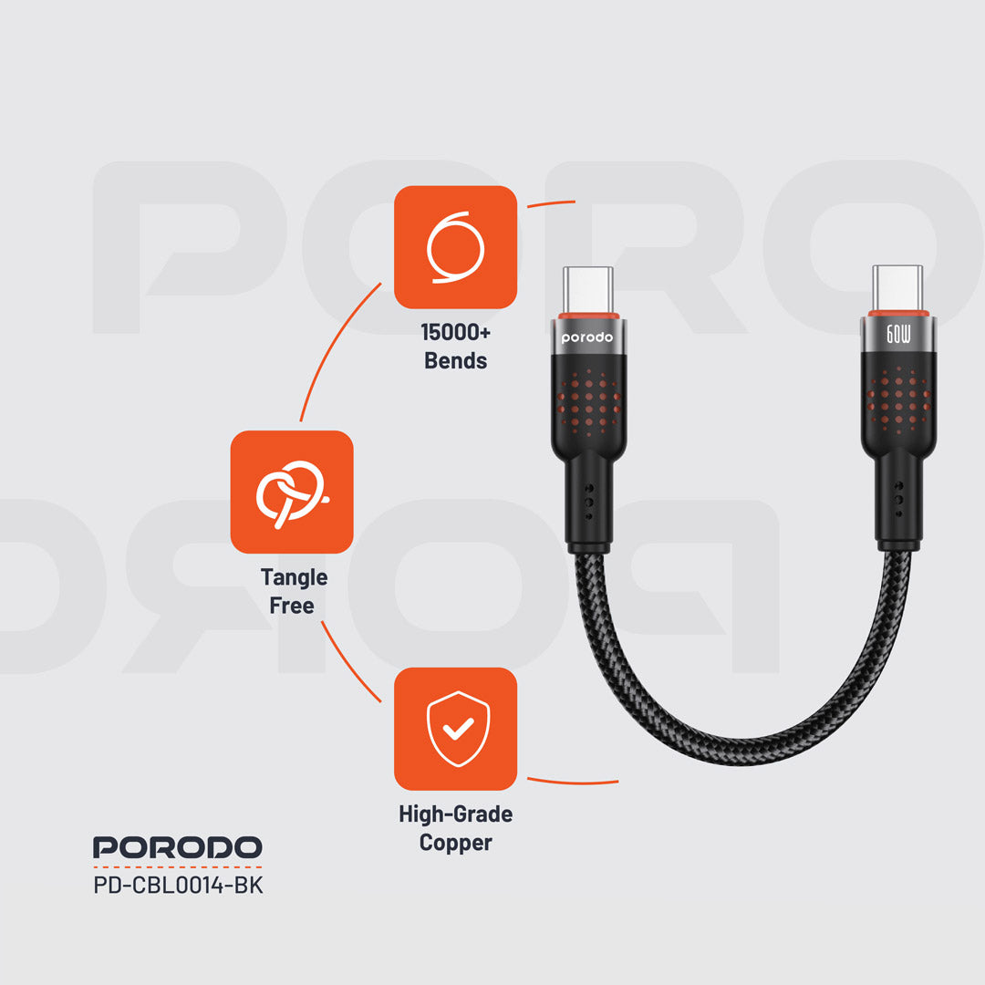 كيبل بورودو مضفر يو اس بي سي الى يو اس بي سي بطول 25 سم, شحن سريع 60 واط | Porodo Alum. Alloy Braided Cable Type-C to C 60W 25cm – Fast Charging.