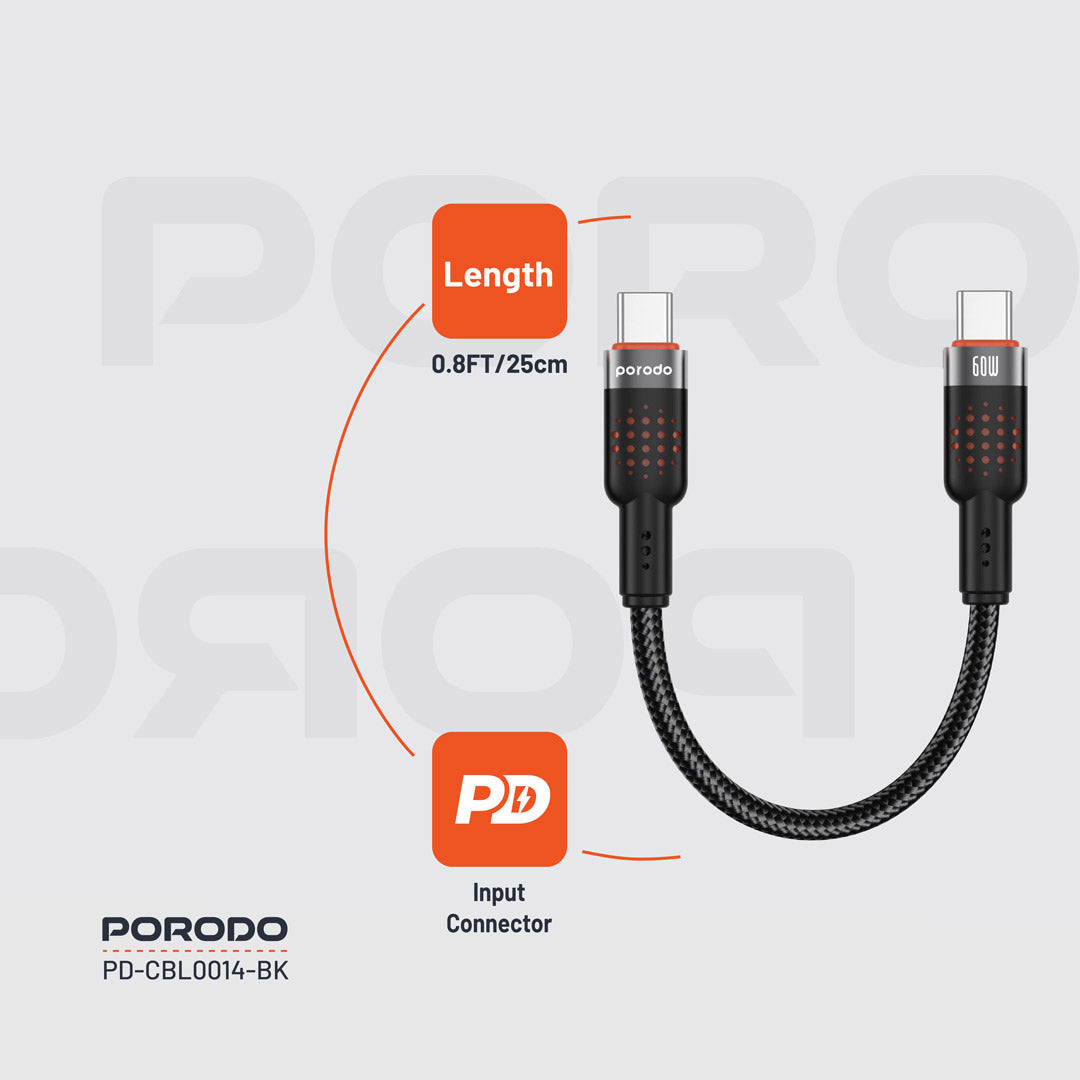 كيبل بورودو مضفر يو اس بي سي الى يو اس بي سي بطول 25 سم, شحن سريع 60 واط | Porodo Alum. Alloy Braided Cable Type-C to C 60W 25cm – Fast Charging.