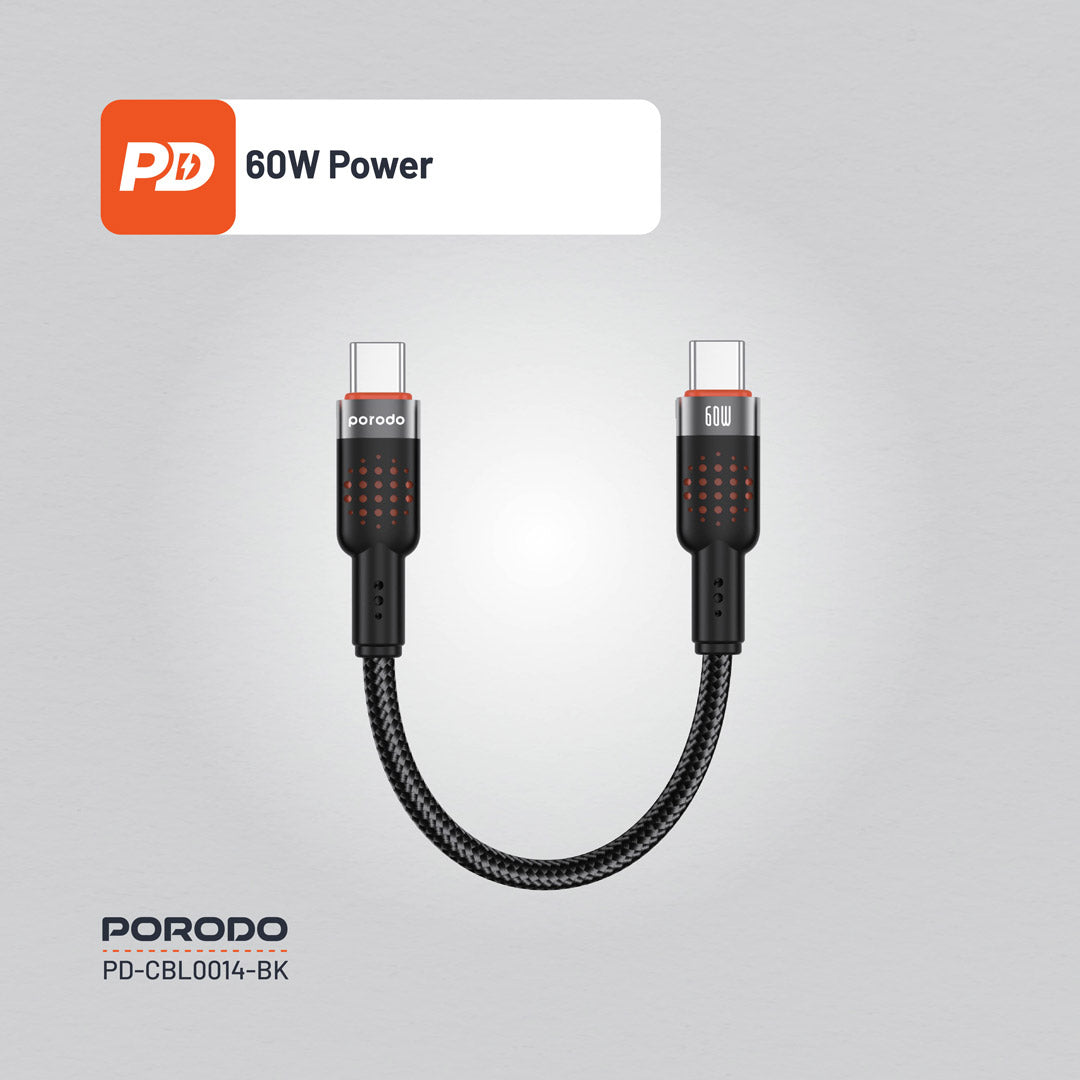 كيبل بورودو مضفر يو اس بي سي الى يو اس بي سي بطول 25 سم, شحن سريع 60 واط | Porodo Alum. Alloy Braided Cable Type-C to C 60W 25cm – Fast Charging.