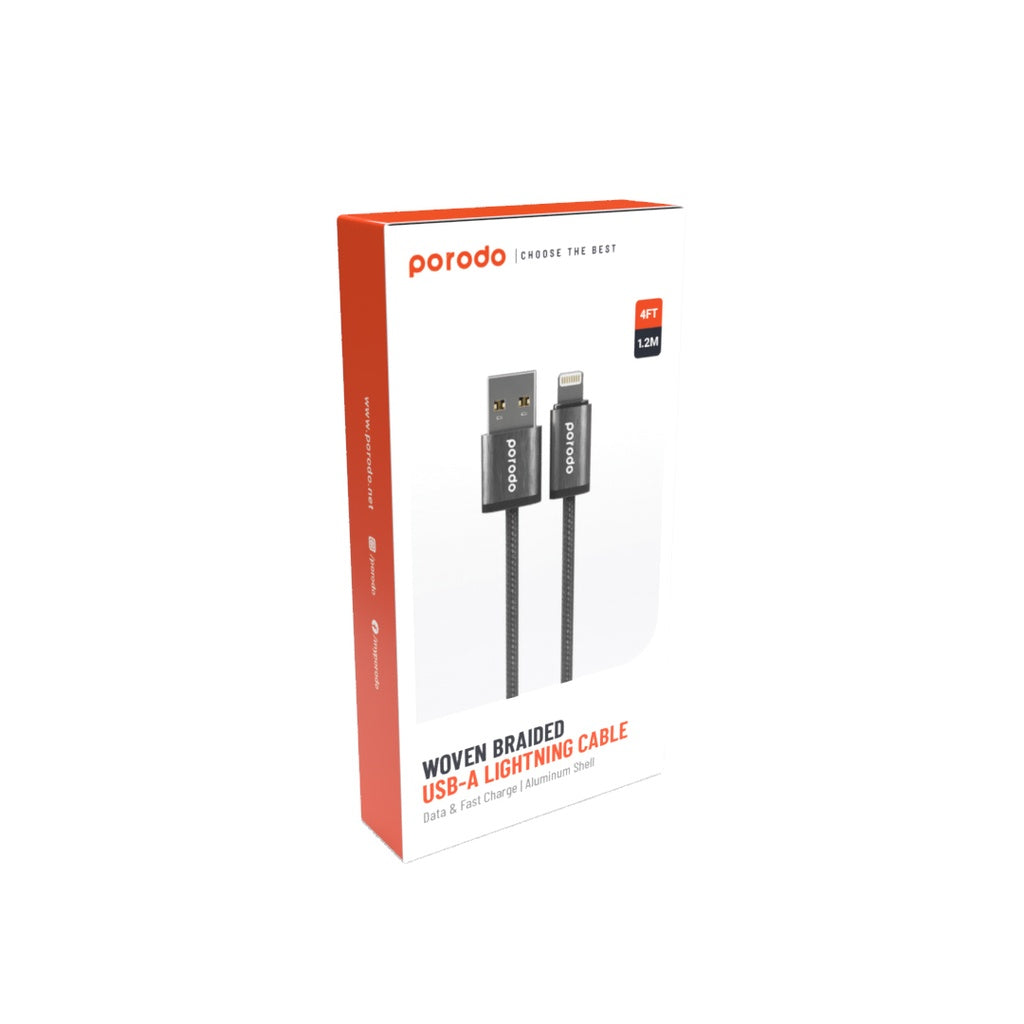 كيبل بورودو ووفن من يو اس بي اي الى لايتننغ بطول 1.2 متر - اسود | Porodo Woven 2.4A USB-A to Lightning Cable 1.2M – Black