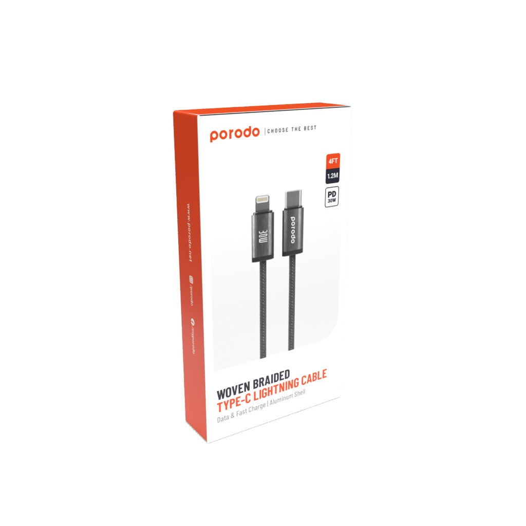 كيبل بورودو مضفر لايتننغ الى يو اس بي سي, شحن سريع بقدرة 30 واط وطول 1.2 متر | Porodo 30W Lightning to Type-C Braided Cable (1.2M).