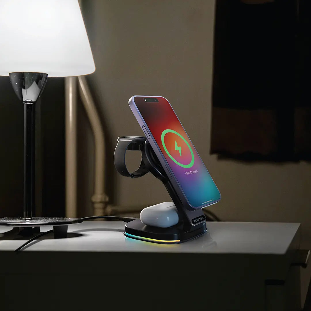 شاحن بورودو اللاسلكي 3 في 1 بقوة 15 واط مع اضائة RGB وتصميم قابل للطي - اسود | Porodo 15W 3-in-1 MagSafe Folding Fast Charger with RGB Lights Type-C - Black.