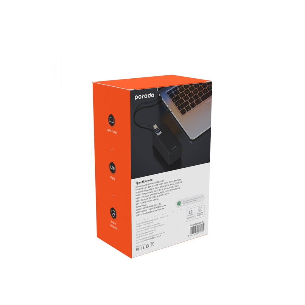 باور بانك بورودو بسعة 50000 مللي امبير مع شحن سريع بقدرة 65 واط - اسود | Porodo Compact Power Bank 50000mAh PD 65W - Black.