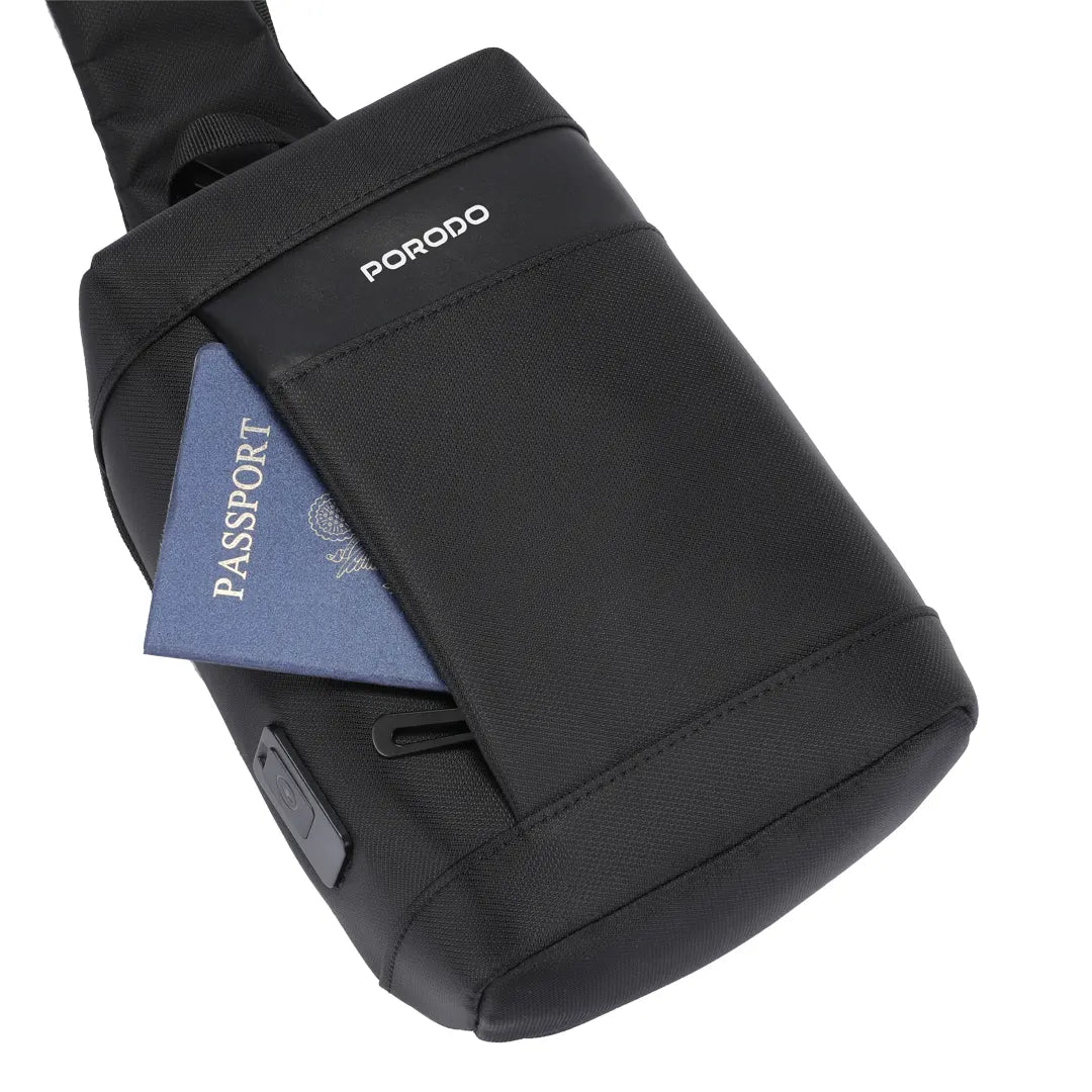 حقيبة بوردو الجانبية المقاومة للماء مع منفذ شحن يو اس بي سي - اسود | Porodo Lifestyle Water-Resistant Nylon Side Bag with USB-C Port – Black.