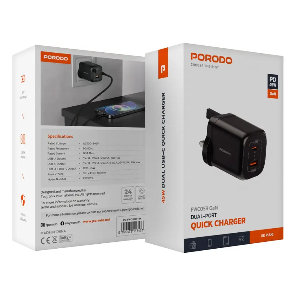 شاحن GaN بورودو شحن سريع 45 واط بمنفذين يو اس بي سي - اسود | Porodo PD45W GaN Dual USB+C Fast Charger UK Plug - Black.