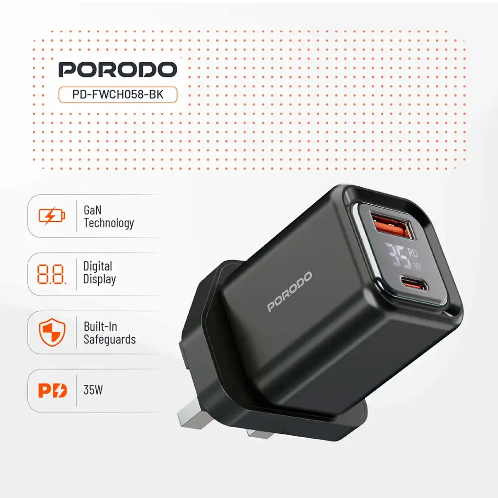 شاحن بورودو GaN سريع بقدرة 35 واط مع شاشة رقمية وكيبل تايب سي شفاف بطول 1.2 متر | Porodo PD 35W GaN Fast Charger with Display Screen, With Transparent Type-C Cable 1.2M