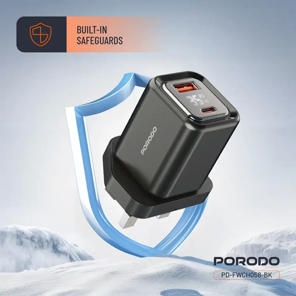 شاحن GaN بورودو شحن سريع 35 واط مع شاشة رقمية ومنفذين يو اس بي اي و يو اس بي سي - اسود | Porodo PD35W GaN Display Screen USB+C Fast Charger UK Plug - Black.