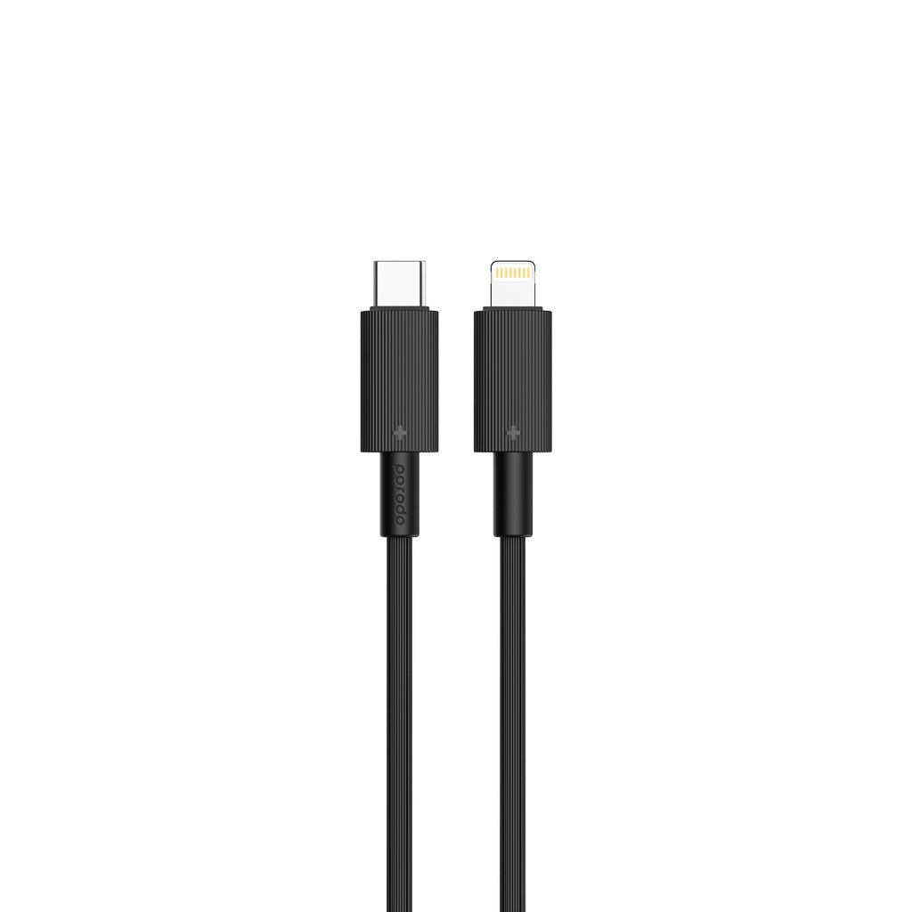 شاحن بورودو جداري QC + PD بقدرة 20 واط مع كيبل تايب سي الى لايتننغ بطول 1.2 متر - اسود | Porodo PD + QC 20W UK Wall Charger with Type-C to Lightning Cable 1.2m – Black