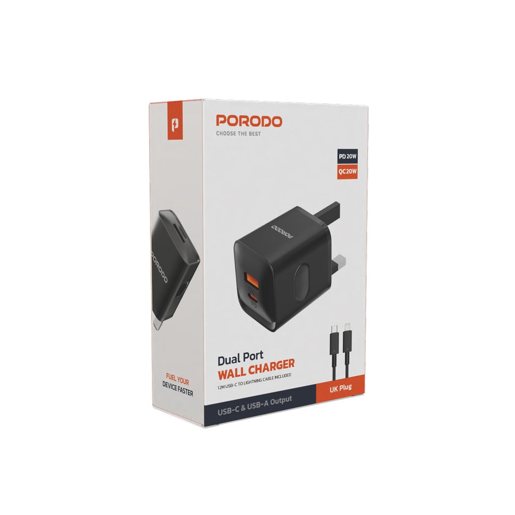 شاحن بورودو جداري QC + PD بقدرة 20 واط مع كيبل تايب سي الى لايتننغ بطول 1.2 متر - اسود | Porodo PD + QC 20W UK Wall Charger with Type-C to Lightning Cable 1.2m – Black
