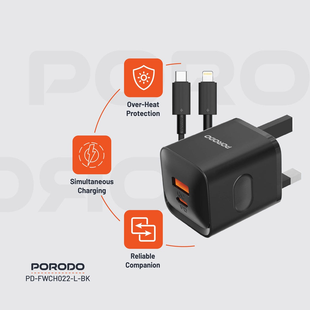 شاحن بورودو جداري QC + PD بقدرة 20 واط مع كيبل تايب سي الى لايتننغ بطول 1.2 متر - اسود | Porodo PD + QC 20W UK Wall Charger with Type-C to Lightning Cable 1.2m – Black