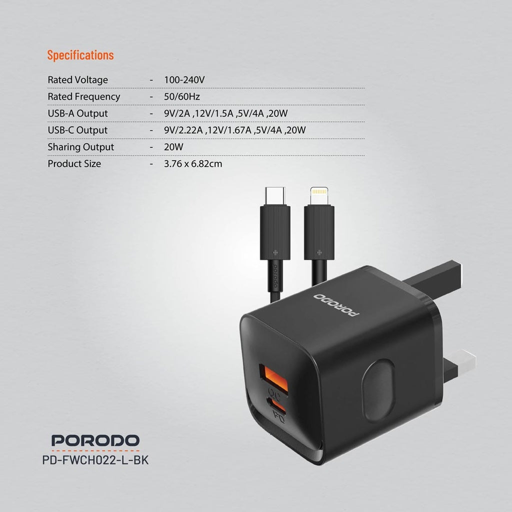 شاحن بورودو جداري QC + PD بقدرة 20 واط مع كيبل تايب سي الى لايتننغ بطول 1.2 متر - اسود | Porodo PD + QC 20W UK Wall Charger with Type-C to Lightning Cable 1.2m – Black