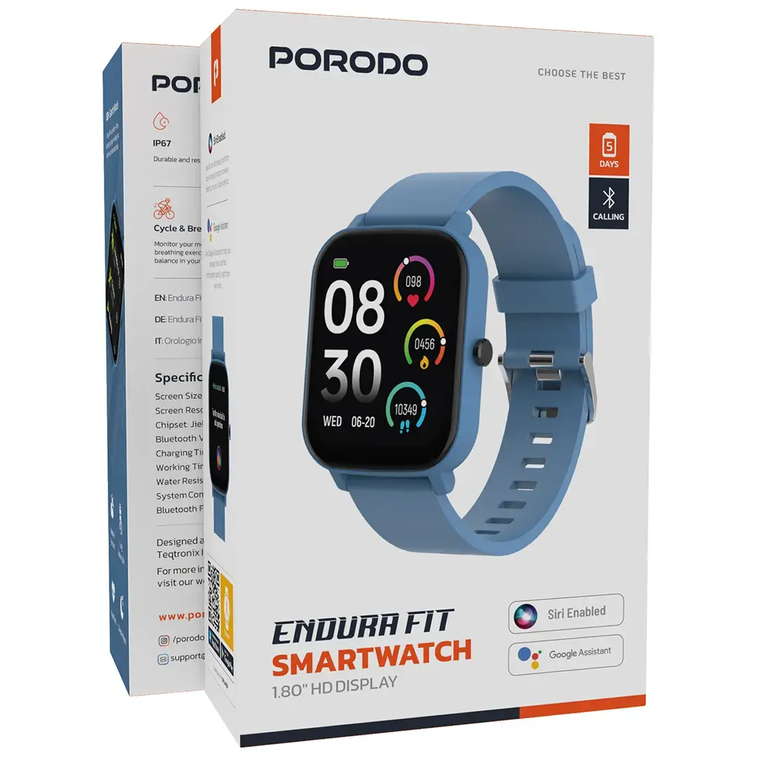 ساعة بورودو اندورا فيت الذكية بشاشة حجم 1.80 انش و وقت تشغيل حتى 5 ايام | Porodo Endura Fit Smart Watch, 1.80" screen, Up To 5 Days work Time