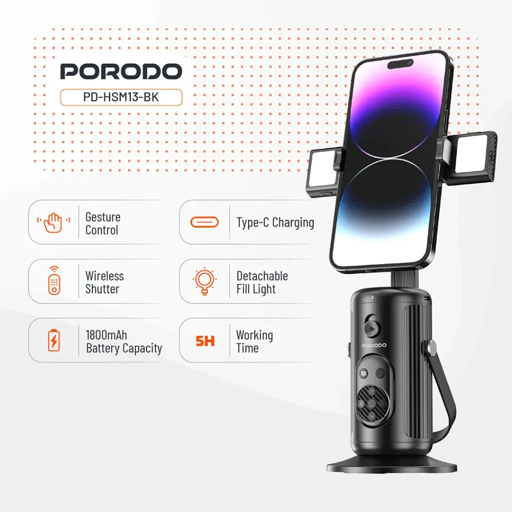 بورودو حامل هاتف ذكي بتقنية تتبع الوجه - اسود | Porodo Face Tracking Smart Mount - Black