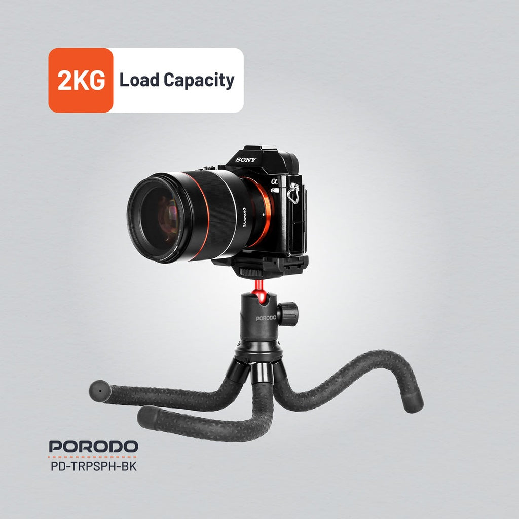 ترايبود مرن وقابل للتمديد مع حامل هاتف من بورودو - اسود | Porodo Flexible Foldable and Extendable Tripod with Phone Holder – Black