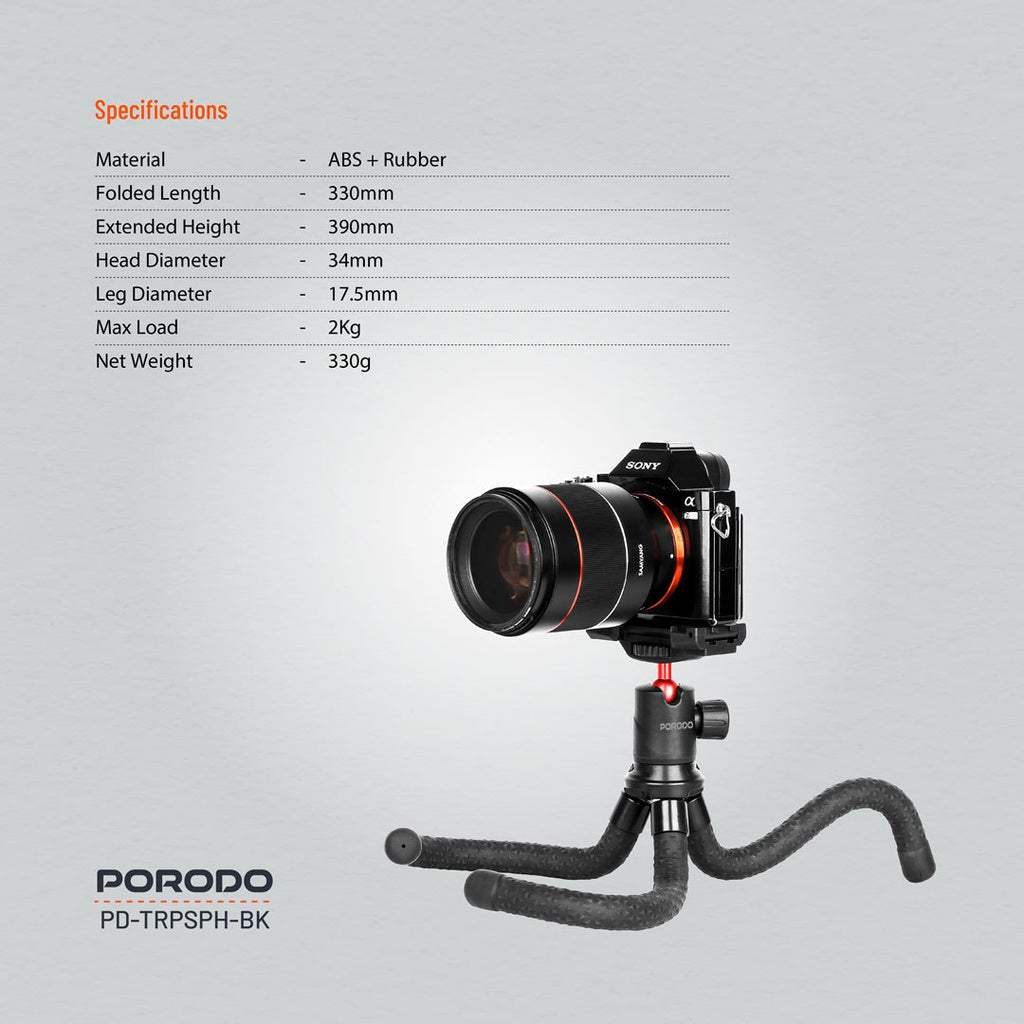 ترايبود مرن وقابل للتمديد مع حامل هاتف من بورودو - اسود | Porodo Flexible Foldable and Extendable Tripod with Phone Holder – Black
