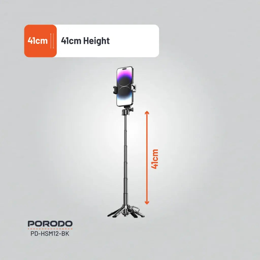 عصا سيلفي قابلة للطي مع ترايبود قابل للتمديد من بورودو - اسود | Porodo Foldable Selfie Stick with Extendable Tripod – Black