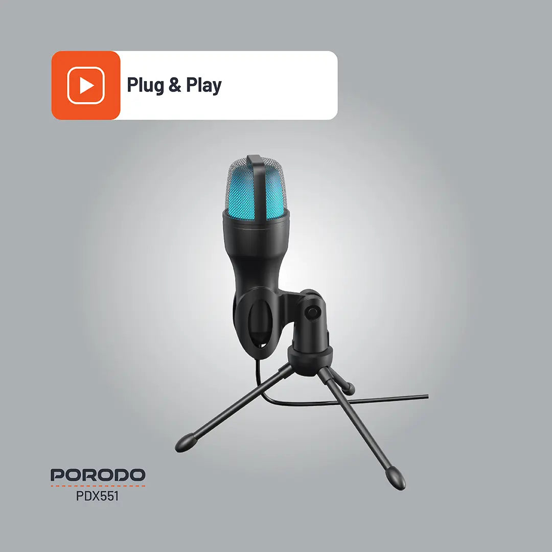 مايكروفون بورودو كوندنسر للالعاب مع اضائة RGB وحامل ثلاثي وقاعدة مكتبية, كيبل بطول 1.5 متر | Porodo Gaming USB Condenser Microphone with RGB Lights Desk Tripod Stand 1.5M Cable.