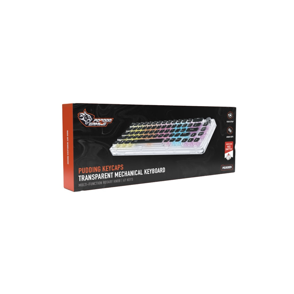 لوحة مفاتيح ميكانيكية شفافة سلكية من بورودو مع مقبض المنيوم دوار | Porodo Transparent Wired Real Mechanical Keyboard with Aluminium Rotary Knob