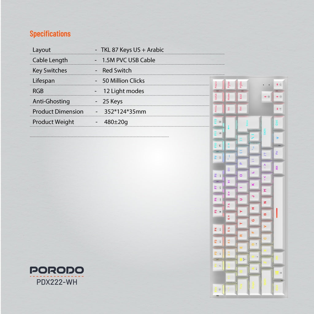 كيبورد ميكانيكي مع اضائة RGB من بورودو جيمنج - ابيض | Porodo Gaming TKL Mechanical Keyboard with RGB Lighting – White