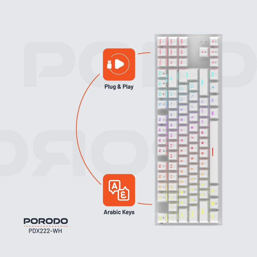 كيبورد ميكانيكي مع اضائة RGB من بورودو جيمنج - ابيض | Porodo Gaming TKL Mechanical Keyboard with RGB Lighting – White