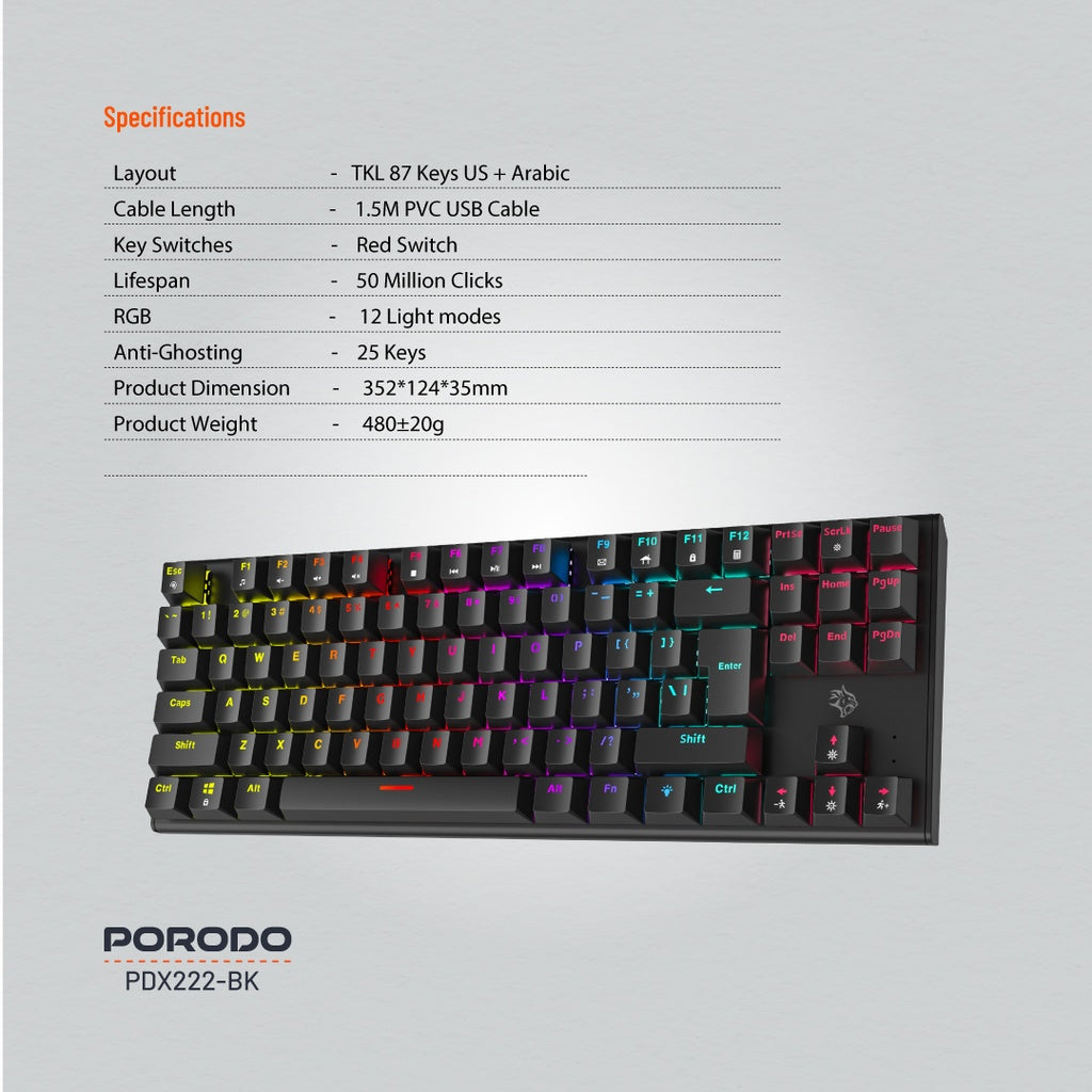 لوحة مفاتيح ميكانيكية للالعاب مع ازرار معلقة من بورودو - اسود | Porodo Mechanical Keyboard with Suspending Keycaps - Black