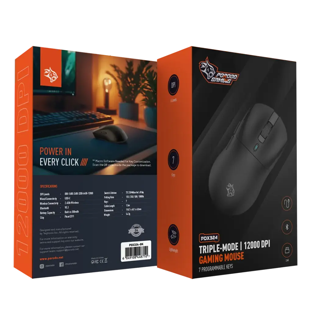 ماوس العاب لاسلكي فائق الخفة قابل للشحن من بورودو جيمنج - اسود | Porodo Gaming Rechargeable Ultra-lightweight Wireless Gaming Mouse - Black