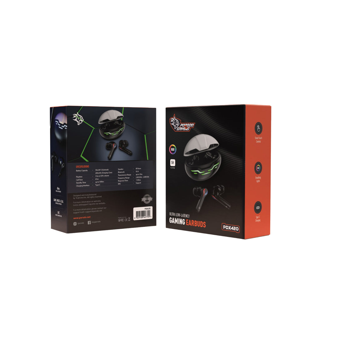 سماعة جيمنج بورودو TWS بخاصية تقليل الضوضاء واضوية RGB - اسود | Porodo Gaming V5.3 TWS Earbuds with Dual Mic ENC, RGB Lights & Low Latency – Black.