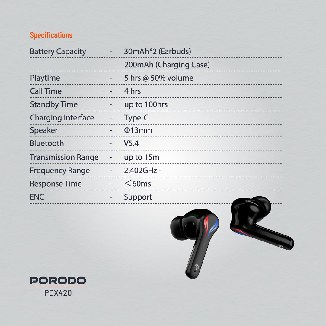 سماعة جيمنج بورودو TWS بخاصية تقليل الضوضاء واضوية RGB - اسود | Porodo Gaming V5.3 TWS Earbuds with Dual Mic ENC, RGB Lights & Low Latency – Black.