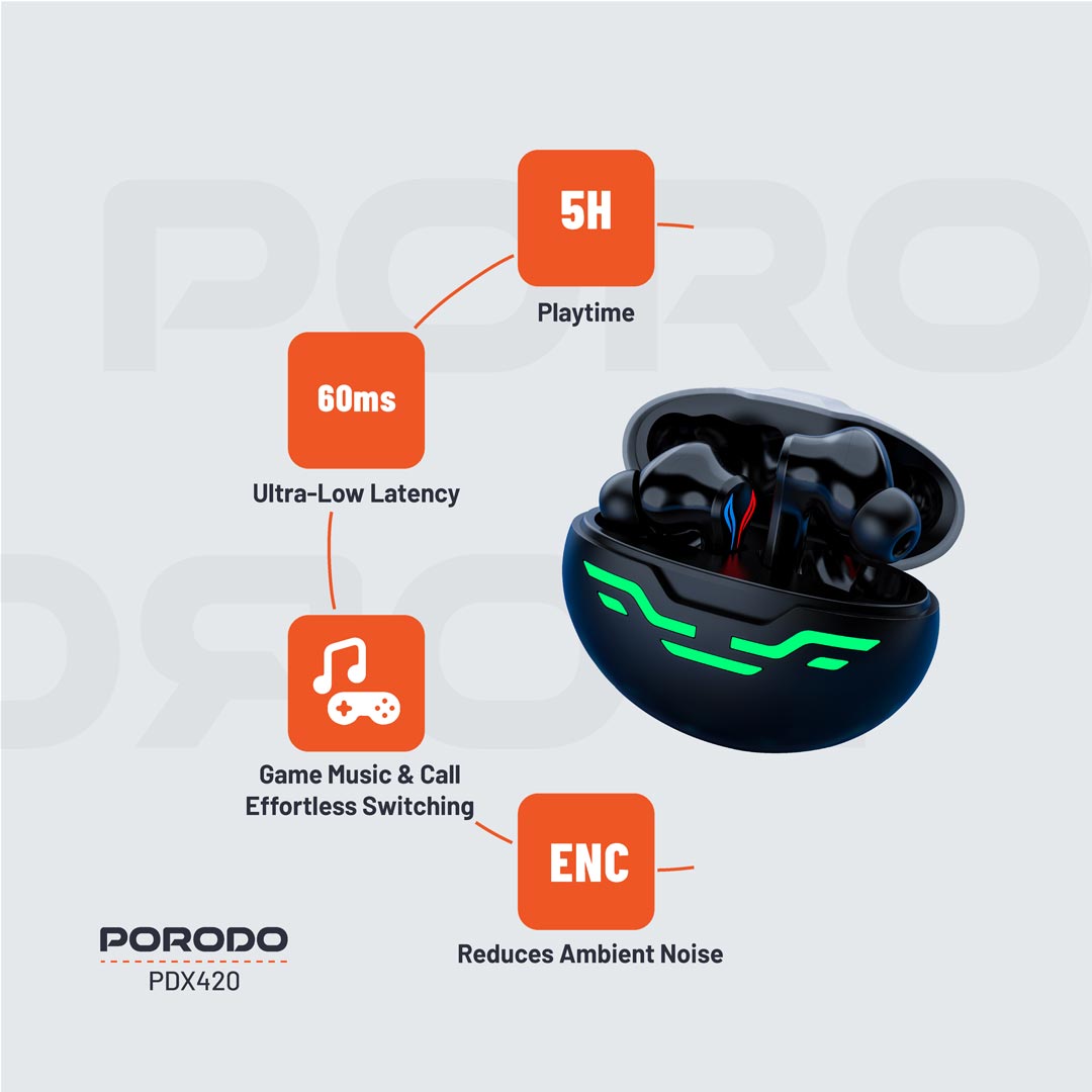 سماعة جيمنج بورودو TWS بخاصية تقليل الضوضاء واضوية RGB - اسود | Porodo Gaming V5.3 TWS Earbuds with Dual Mic ENC, RGB Lights & Low Latency – Black.