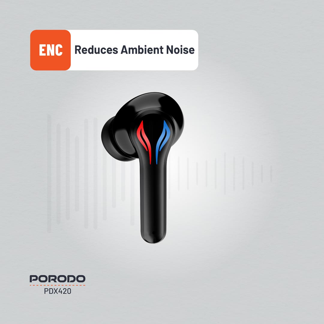 سماعة جيمنج بورودو TWS بخاصية تقليل الضوضاء واضوية RGB - اسود | Porodo Gaming V5.3 TWS Earbuds with Dual Mic ENC, RGB Lights & Low Latency – Black.