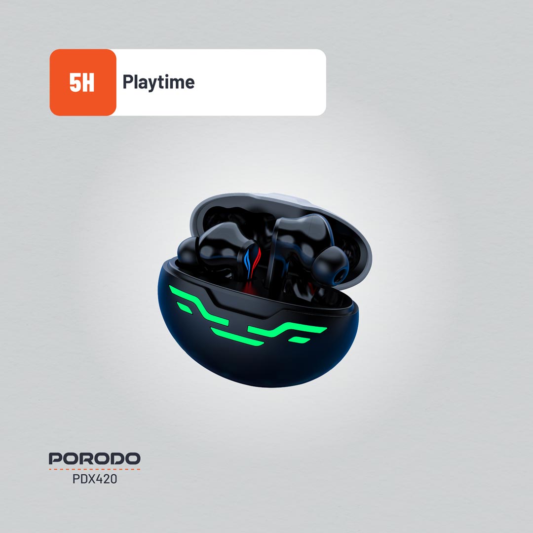 سماعة جيمنج بورودو TWS بخاصية تقليل الضوضاء واضوية RGB - اسود | Porodo Gaming V5.3 TWS Earbuds with Dual Mic ENC, RGB Lights & Low Latency – Black.