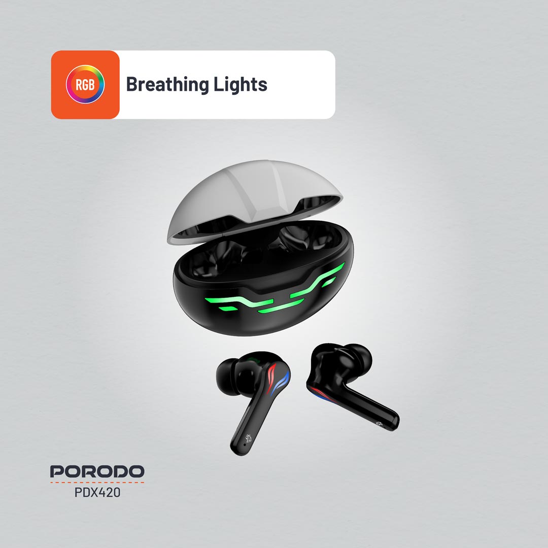 سماعة جيمنج بورودو TWS بخاصية تقليل الضوضاء واضوية RGB - اسود | Porodo Gaming V5.3 TWS Earbuds with Dual Mic ENC, RGB Lights & Low Latency – Black.