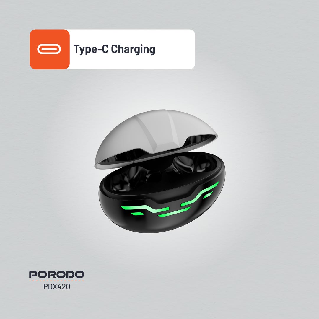 سماعة جيمنج بورودو TWS بخاصية تقليل الضوضاء واضوية RGB - اسود | Porodo Gaming V5.3 TWS Earbuds with Dual Mic ENC, RGB Lights & Low Latency – Black.