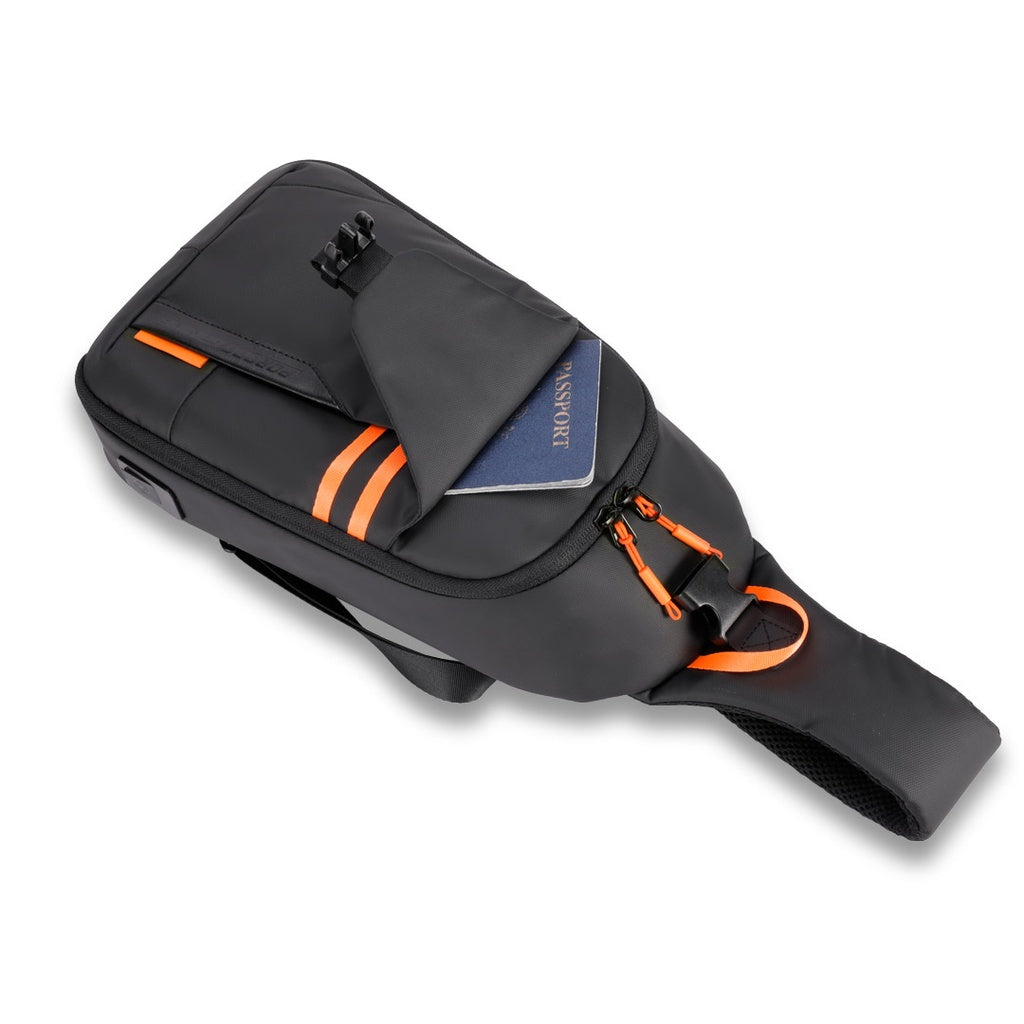 شنطة كتف مقاومة للماء مع منفذ شحن تايب سي من بورودو جيمنج - اسود | Porodo Gaming Water-Resistant PU Sling Bag With USB-C Port - Black