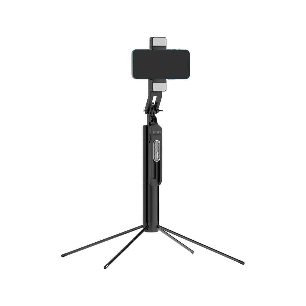 عصا سيلفي قابلة للتمديد حتى 185 سم من بورودو مع اضائة مزدوجة وترايبود وريموت - اسود | Porodo Selfie Stick 185cm Extendable with Dual Detachable Lights, 4 Leg Tripod, and Remote Control - Black