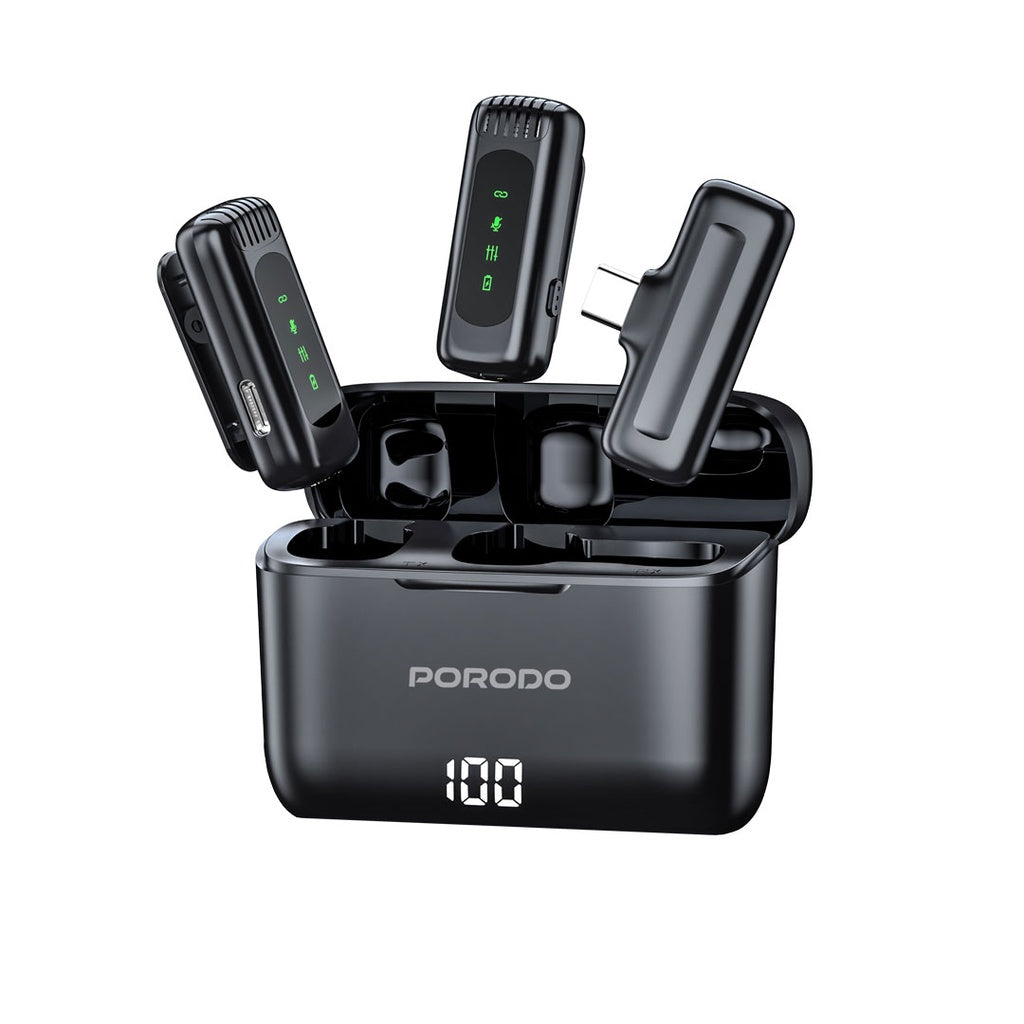 مايكروفون بورودو لافالير مزدوج مع علبة شحن - اسود | Porodo Lavalier Double Microphone with Charging Case - Black