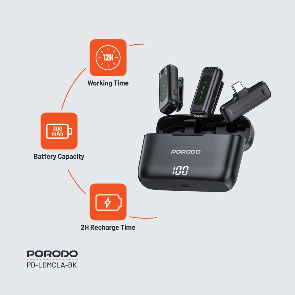 مايكروفون بورودو لافالير مزدوج مع علبة شحن - اسود | Porodo Lavalier Double Microphone with Charging Case - Black