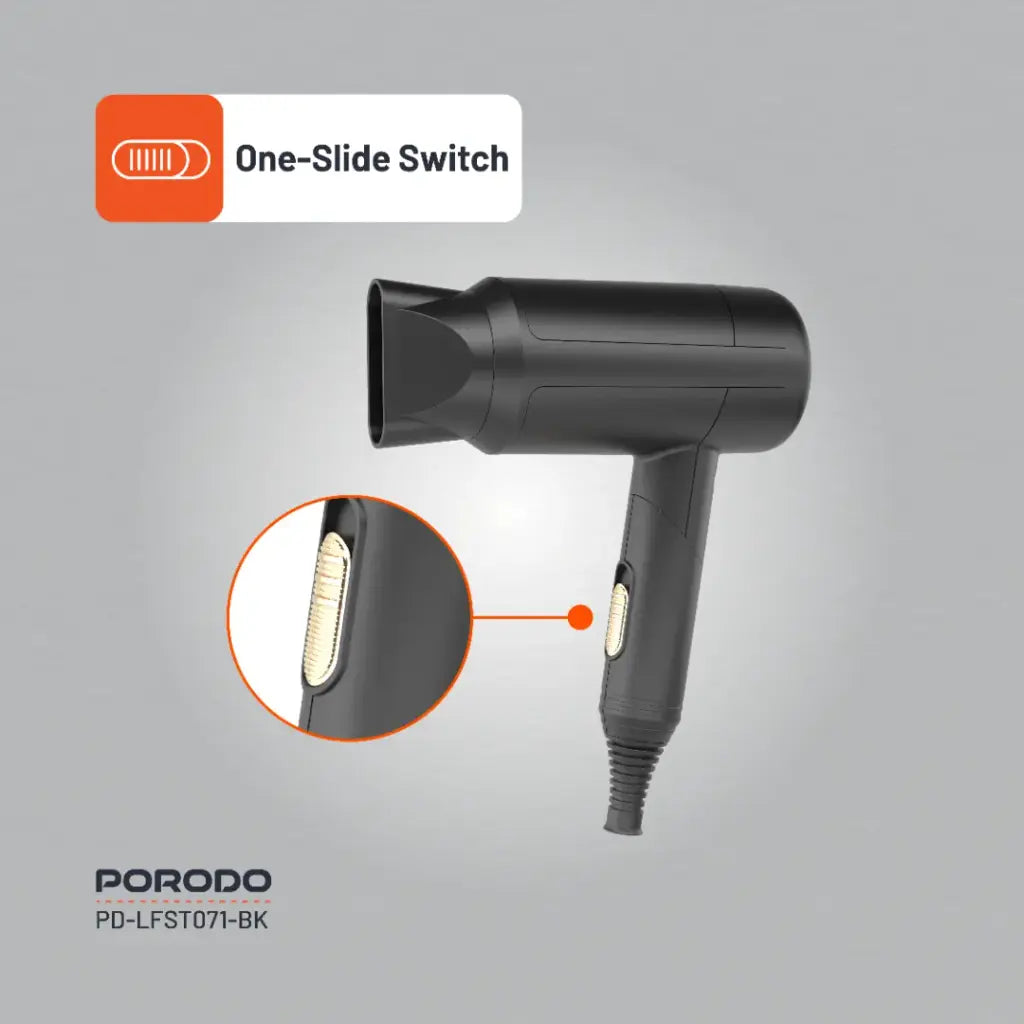 بورودو لايف ستايل مجفف شعر قابل للطي بقدرة 1200 واط وكيبل بطول 1.8 متر - اسود | Porodo Lifestyle 1200W Foldable Hair Dryer 1.8M Cable - Black.