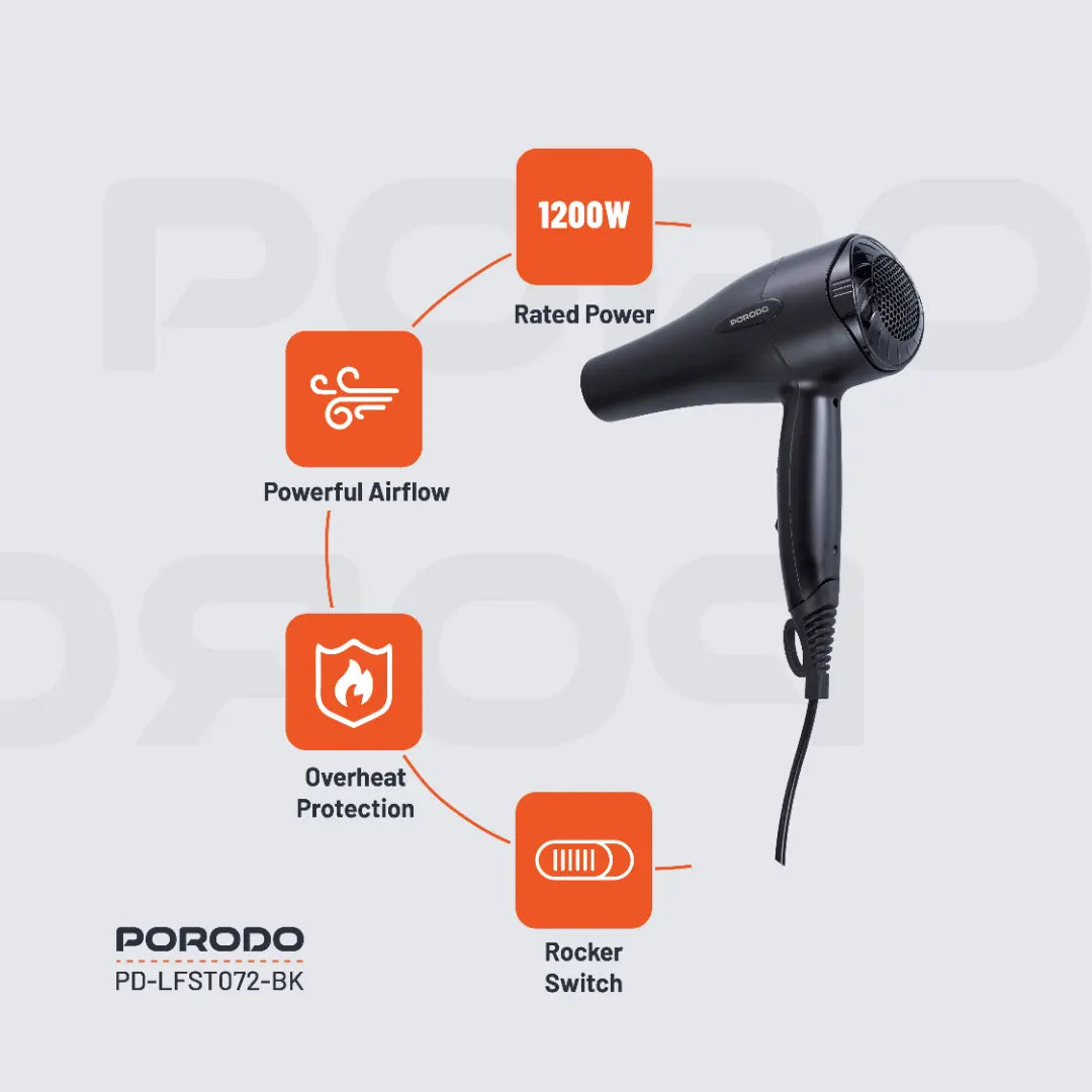 مجفف شعر بورودو لايف ستايل 1200 واط بكيبل طول 1.8 متر | Porodo Lifestyle 1200W Hair Dryer 1.8M Cable.