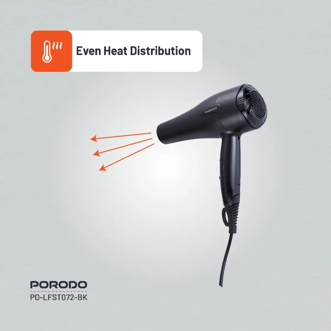 مجفف شعر بورودو لايف ستايل 1200 واط بكيبل طول 1.8 متر | Porodo Lifestyle 1200W Hair Dryer 1.8M Cable.