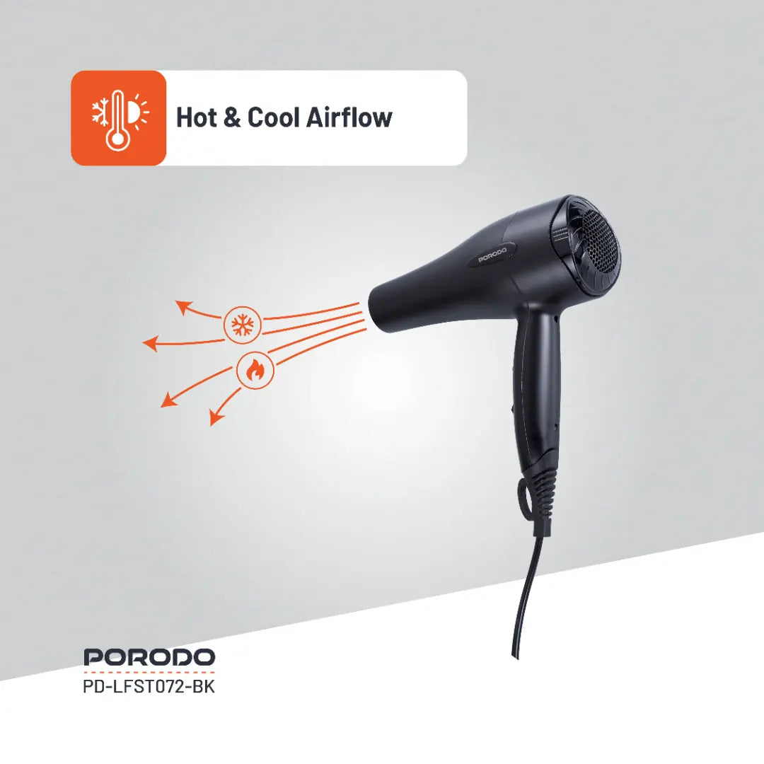 مجفف شعر بورودو لايف ستايل 1200 واط بكيبل طول 1.8 متر | Porodo Lifestyle 1200W Hair Dryer 1.8M Cable.