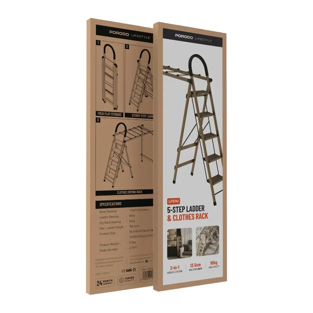 بورودو سلم منزلي متعدد الوظائف بخمس درجات مع شماعة غسيل | Porodo 5-Step Multifunction Laundry Drying Rack & Household Ladder
