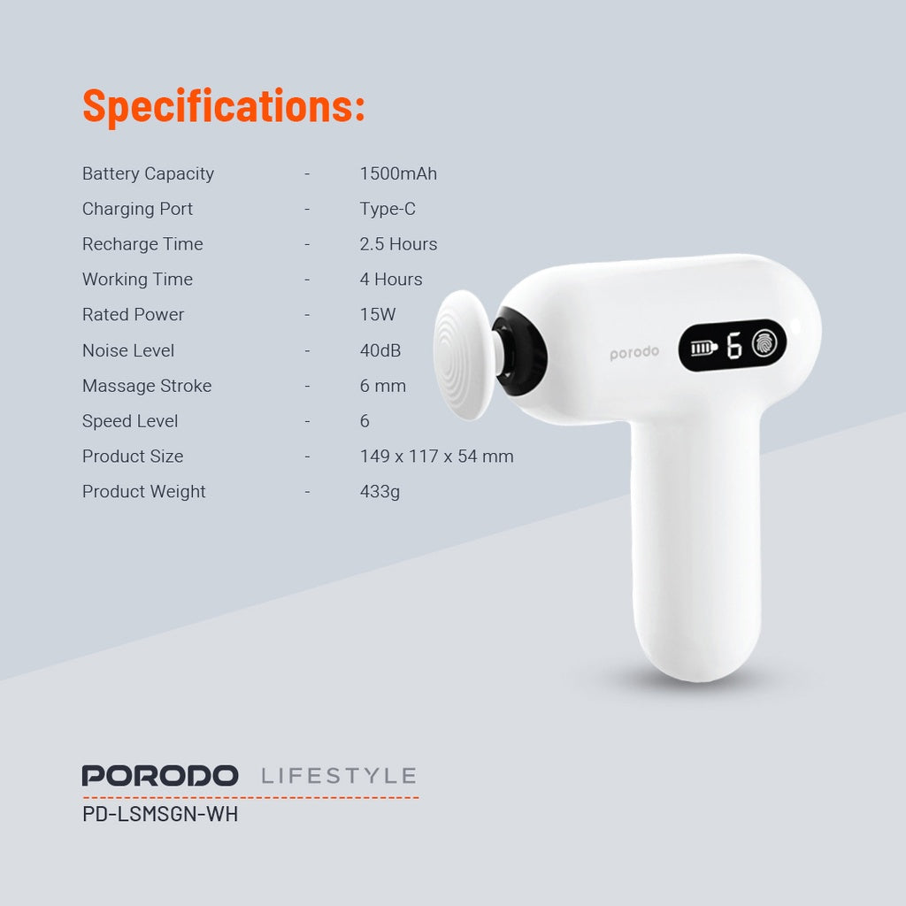 بورودو لايف ستايل مسدس مساج صغير مع 4 رؤوس - ابيض | Porodo Lifestyle Mini Massage Gun with 4 Head – White.